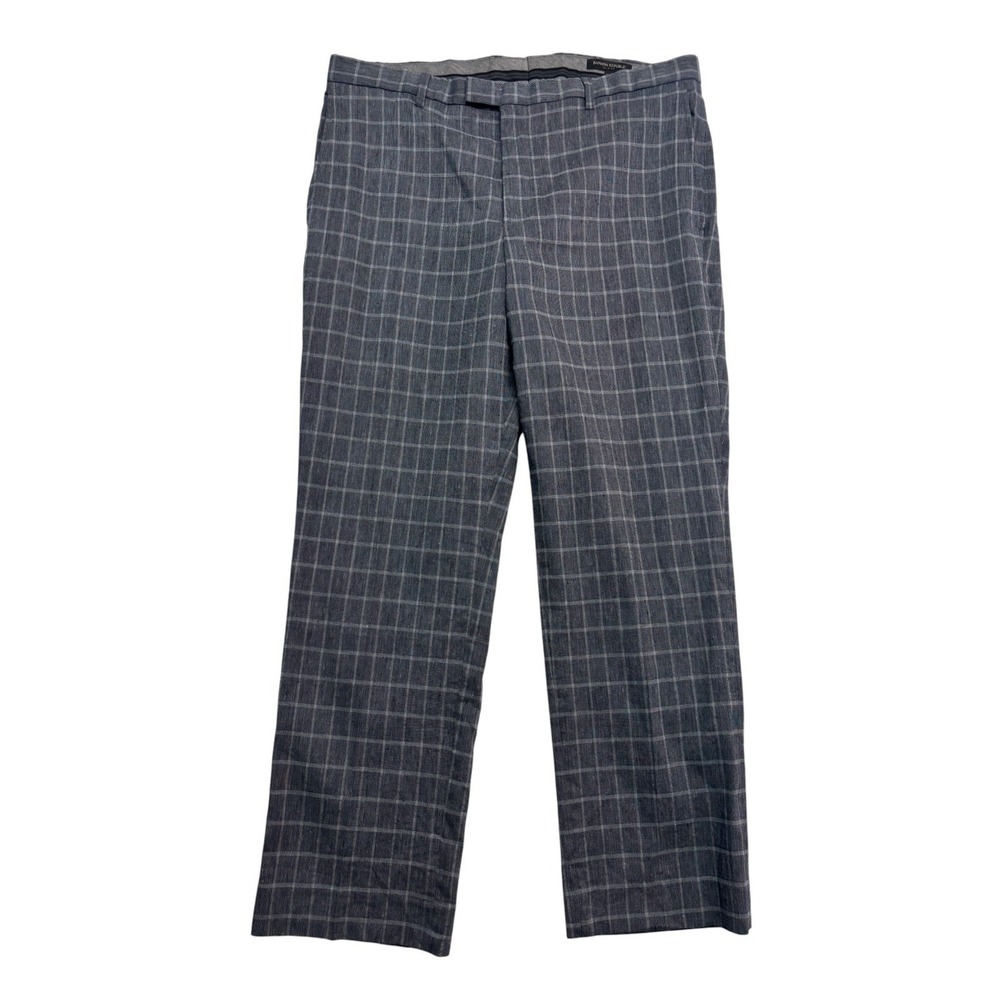 Banana Republic 36x30 Gray Windowpane Linen Dress Pants Trousers Flat Front Slim